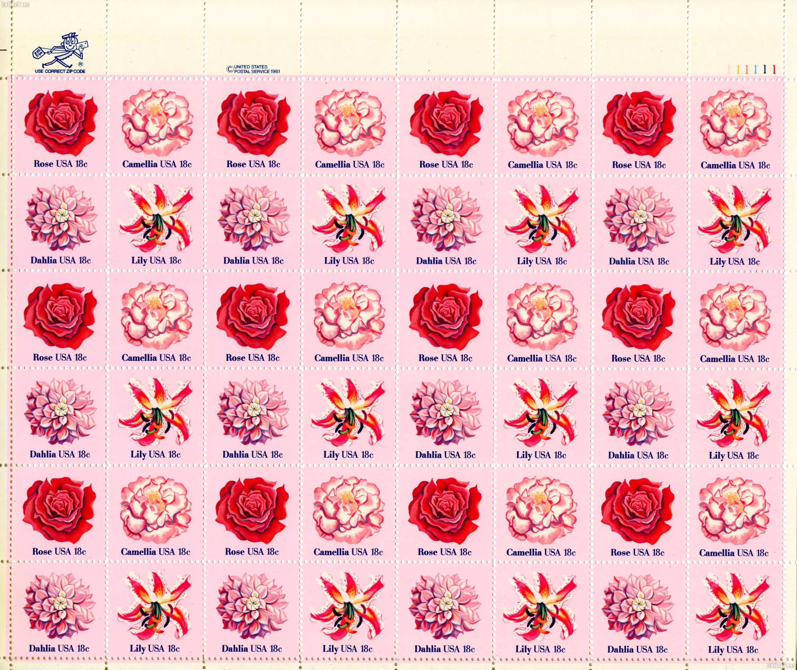 1981 Flowers 18 Cent US Postage Stamp MNH Sheet of 48 Scott #1876-1879