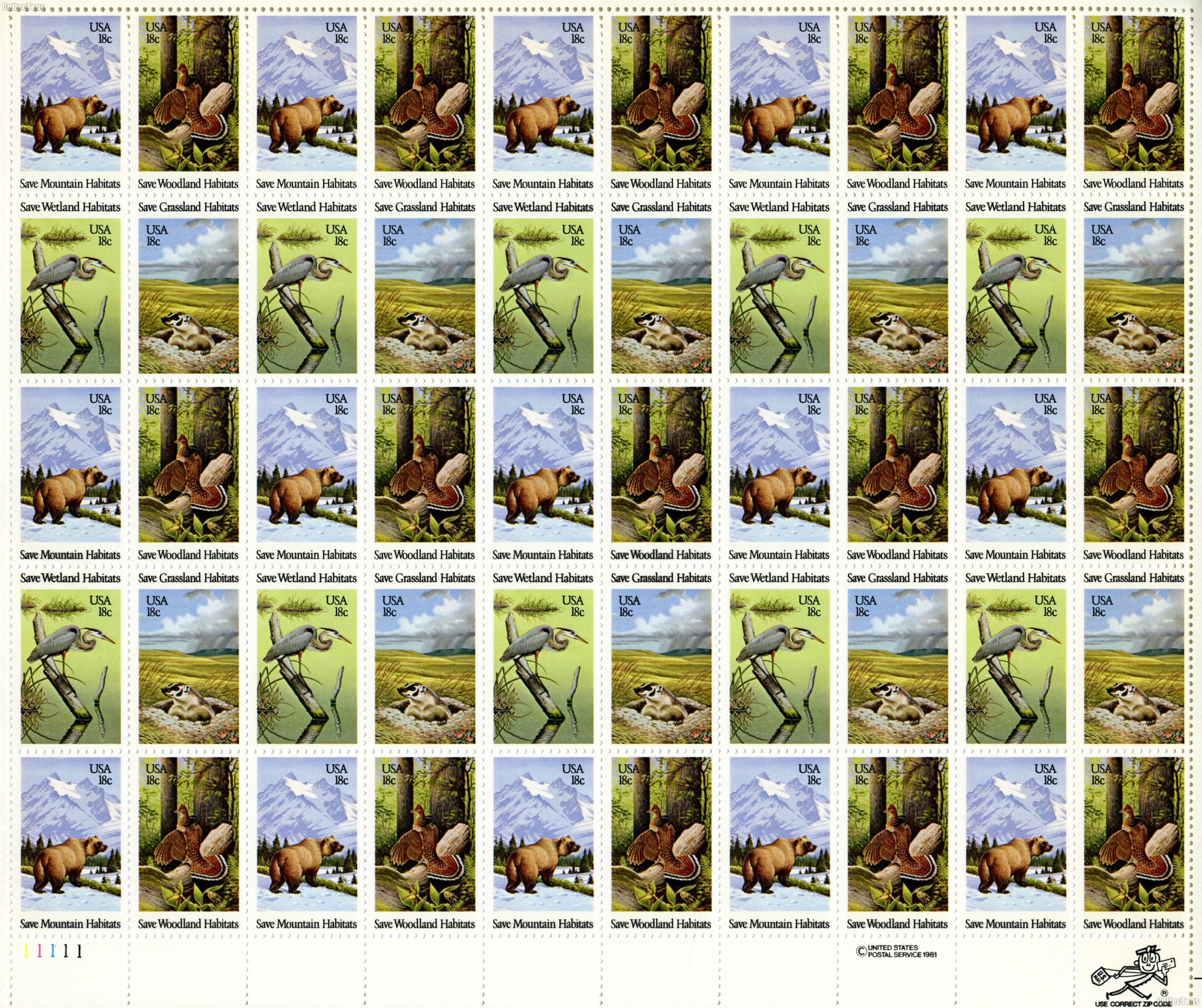 1981 Wildlife Habitats 18 Cent US Postage Stamp MNH Sheet of 50 Scott #1921-1924