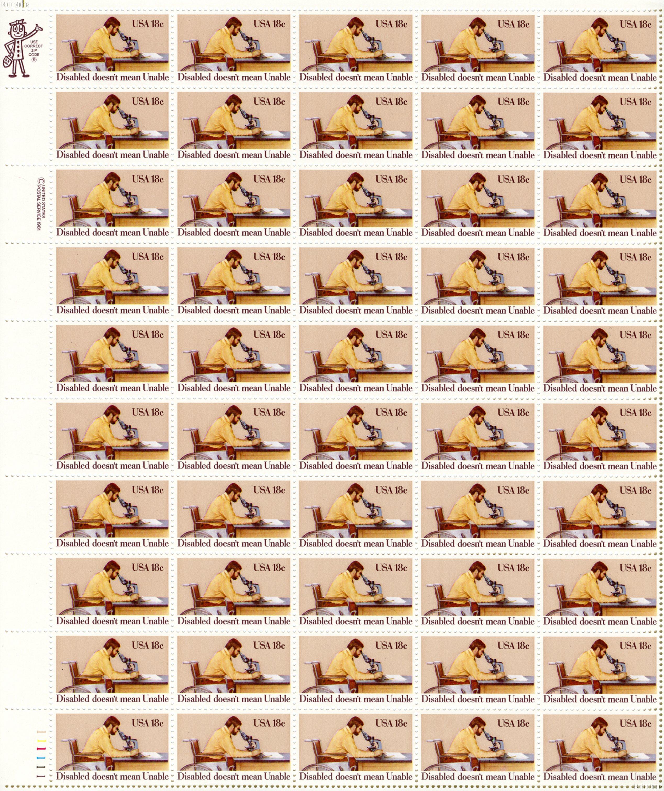 1981 Disabled Persons 18 Cent US Postage Stamp MNH Sheet of 50 Scott #1925
