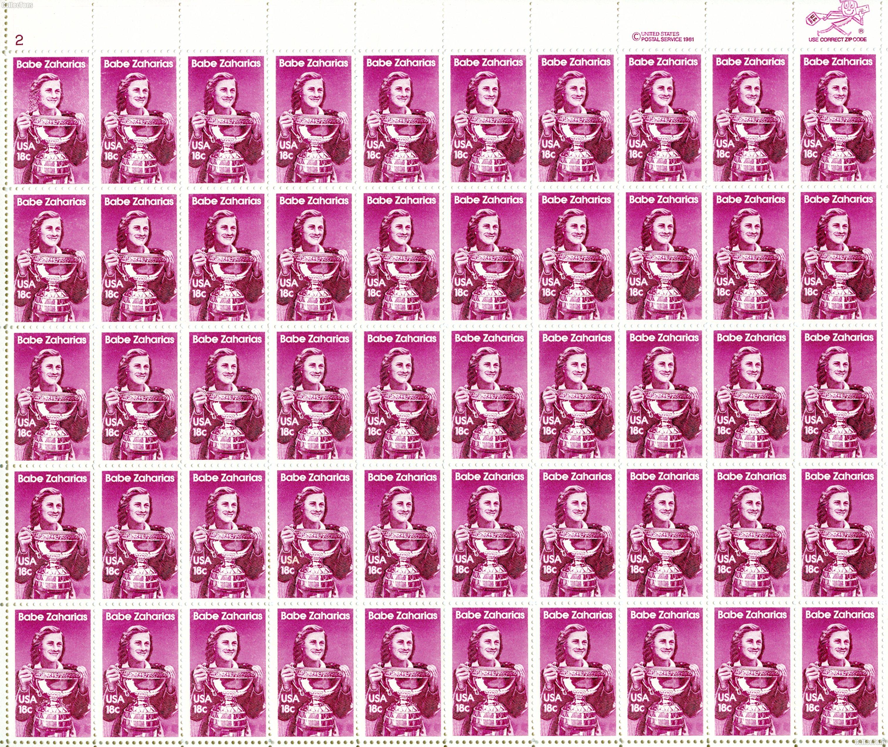 1981 Babe Zaharias 18 Cent US Postage Stamp MNH Sheet of 50 Scott #1932