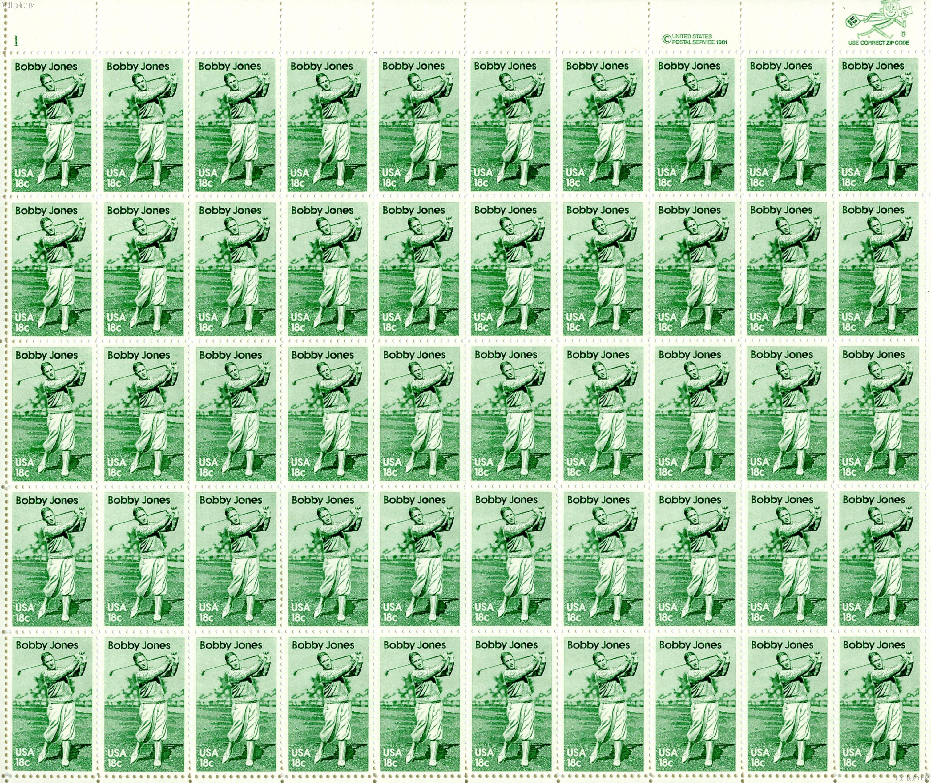 1981 Bobby Jones 18 Cent US Postage Stamp MNH Sheet of 50 Scott #1933