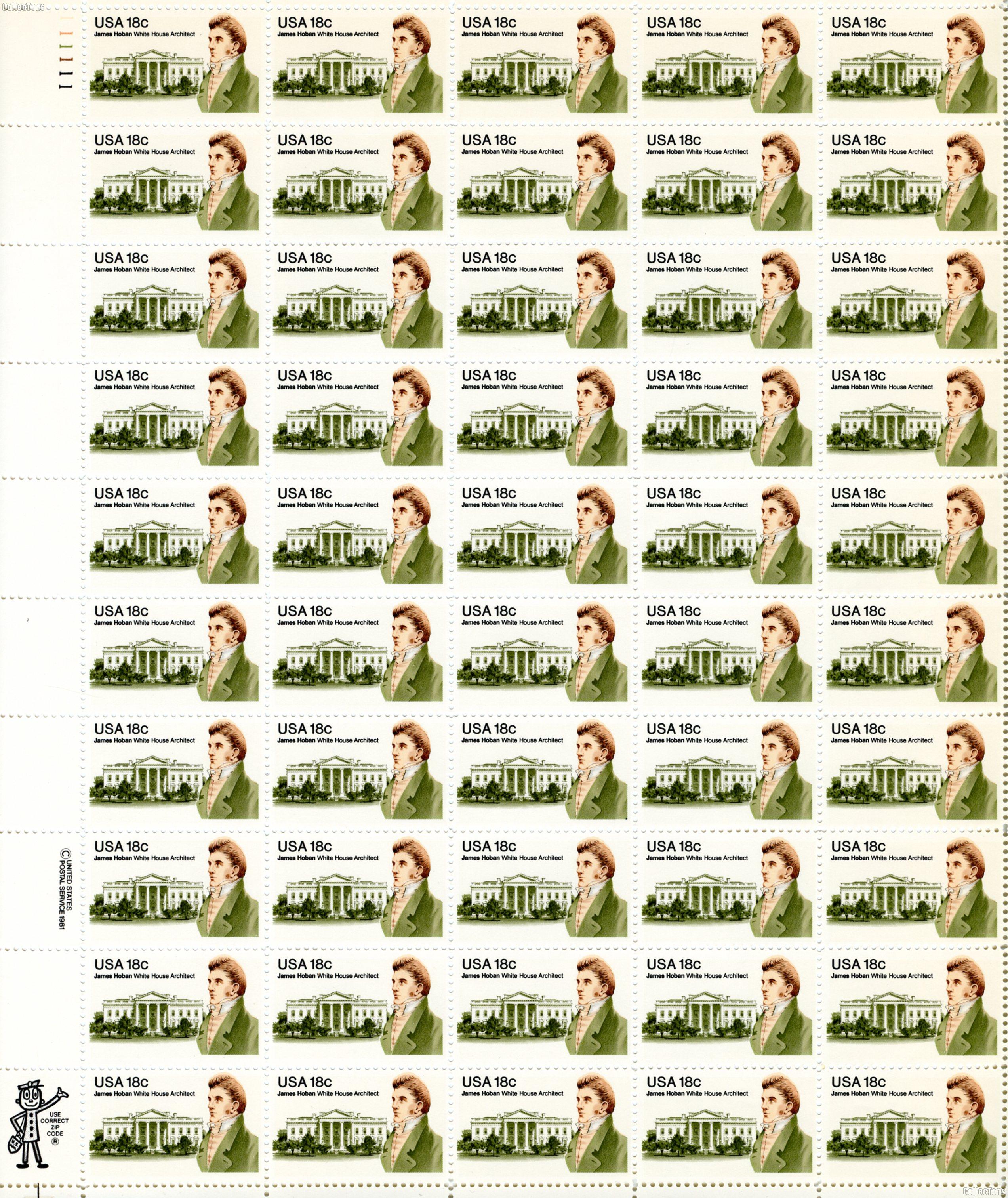 1981 James Hoban 18 Cent US Postage Stamp MNH Sheet of 50 Scott #1935