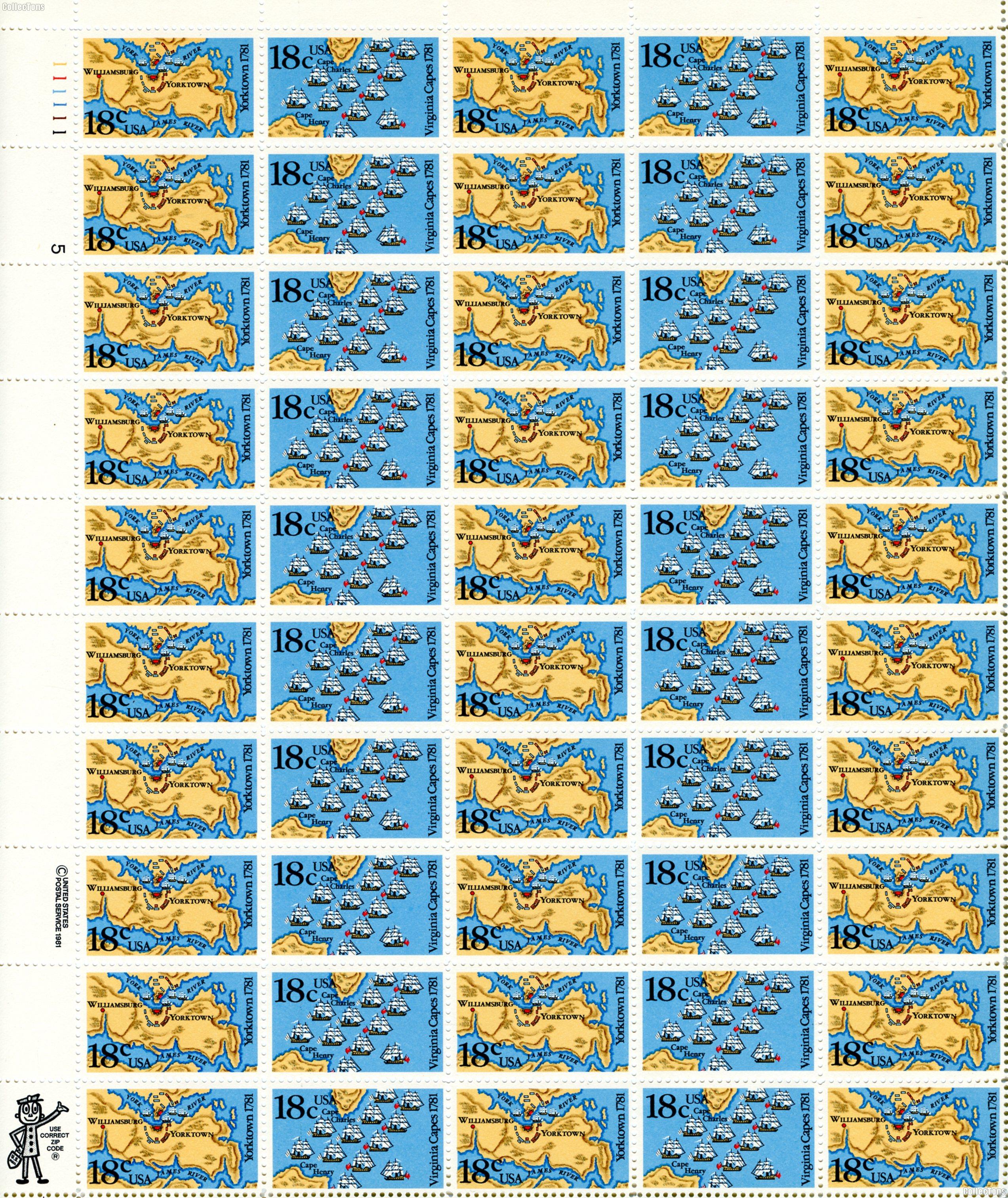 1981 Battle of Yorktown 18 Cent US Postage Stamp MNH Sheet of 50 Scott #1937-1938