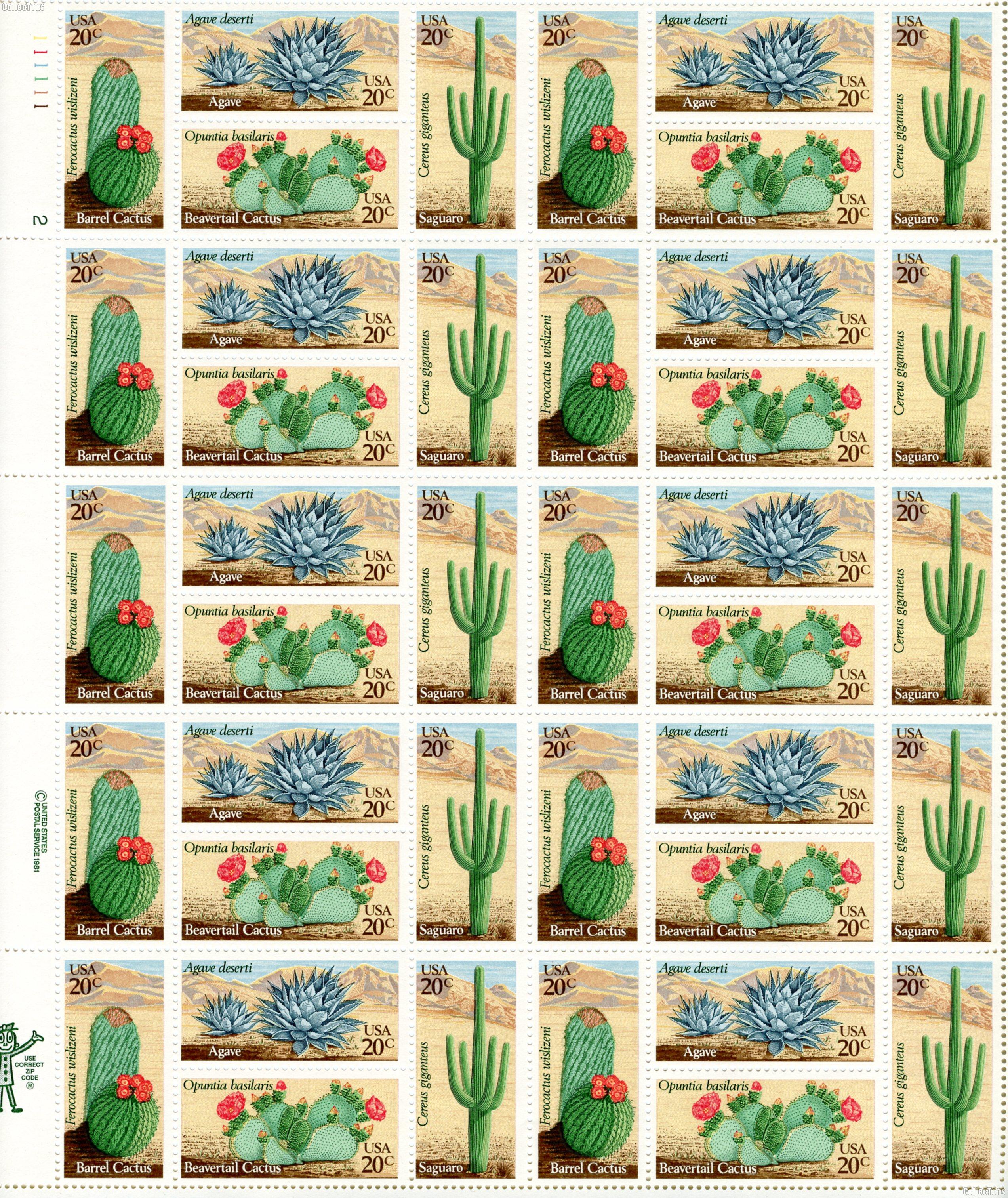 1981 Desert Plants 20 Cent US Postage Stamp MNH Sheet of 50 Scott #1942-1945
