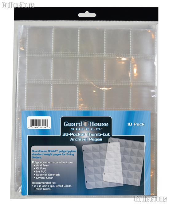30 Pocket Thumb-Cut Coin Pages for 1.5x1.5 Holders by GuardHouse Shield - 10 Pack
