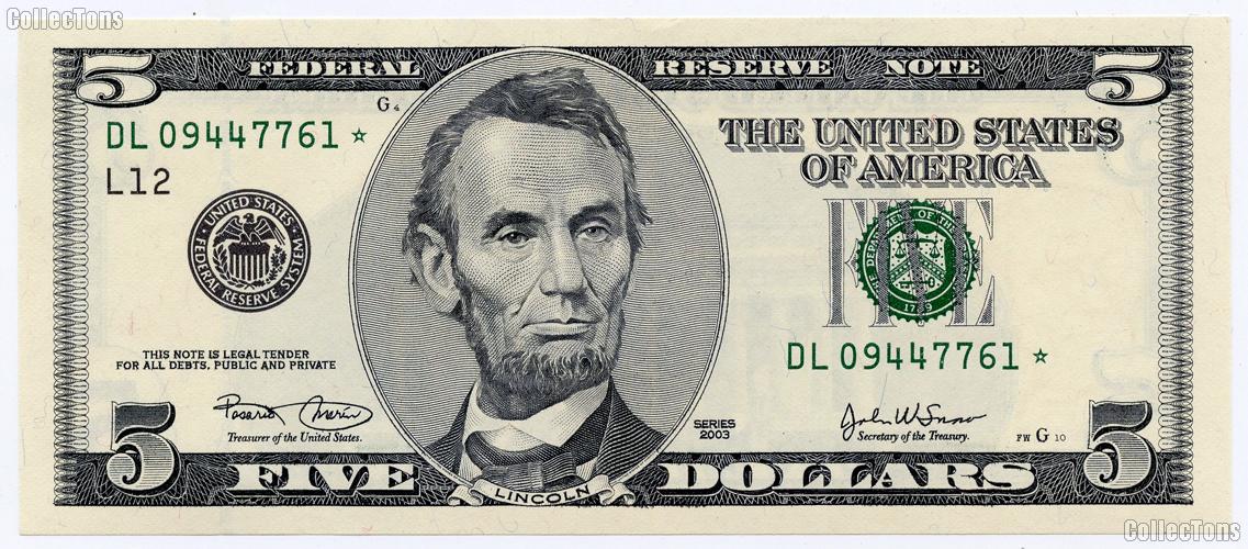 Five Dollar Bill Green Seal FRN STAR NOTE Series 2003 US Currency CU Crisp Uncirculated