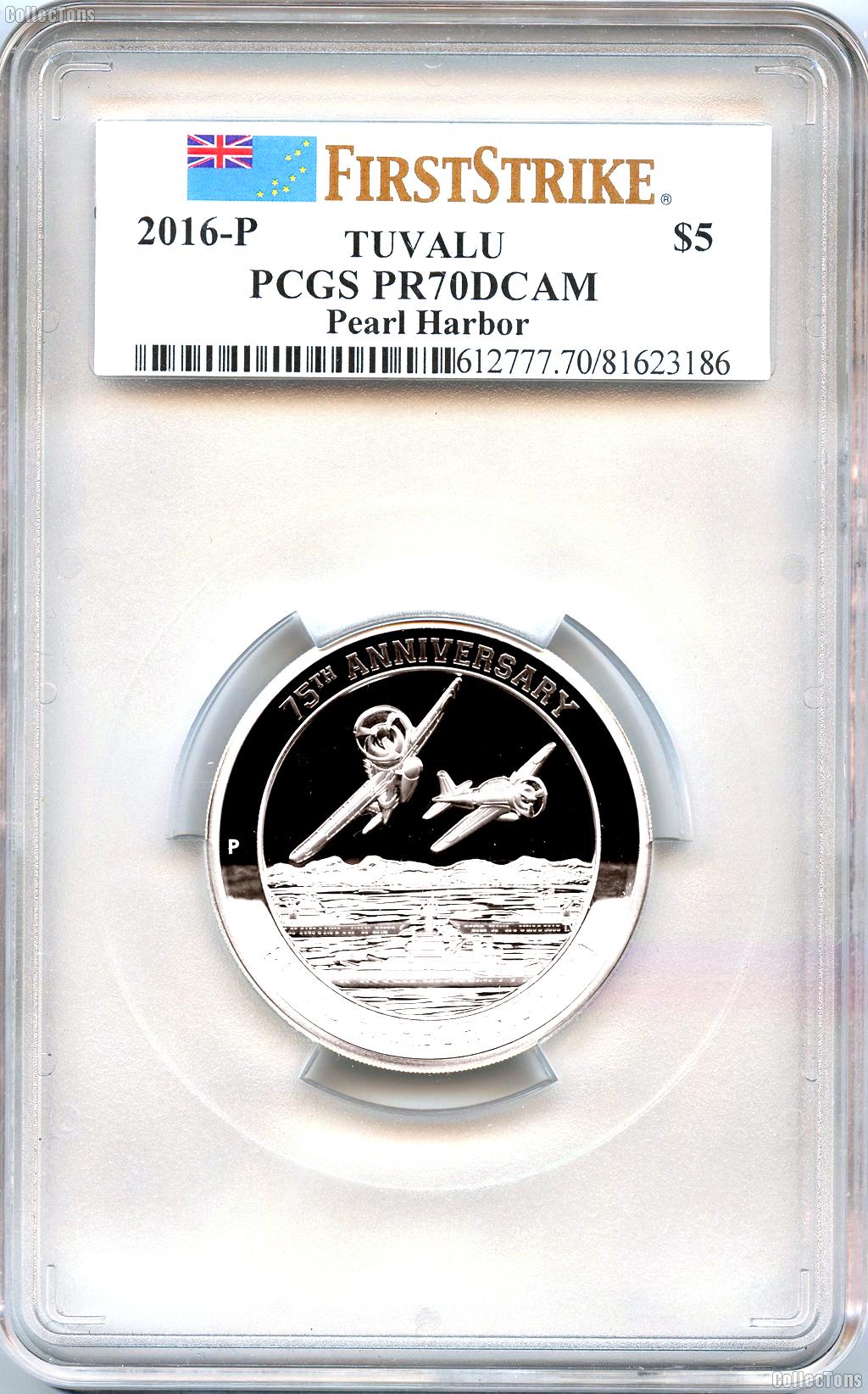 2016 Tuvalu 75th Anniversary $5 Pearl Harbor 5 Oz Silver Coin - PCGS PR70DCAM First Strike