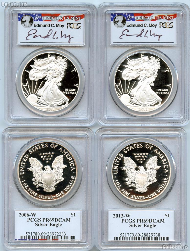 American Silver Eagle Proof Dollar Signed by Edmund Moy in PCGS PR69DCAM Mixed Dates