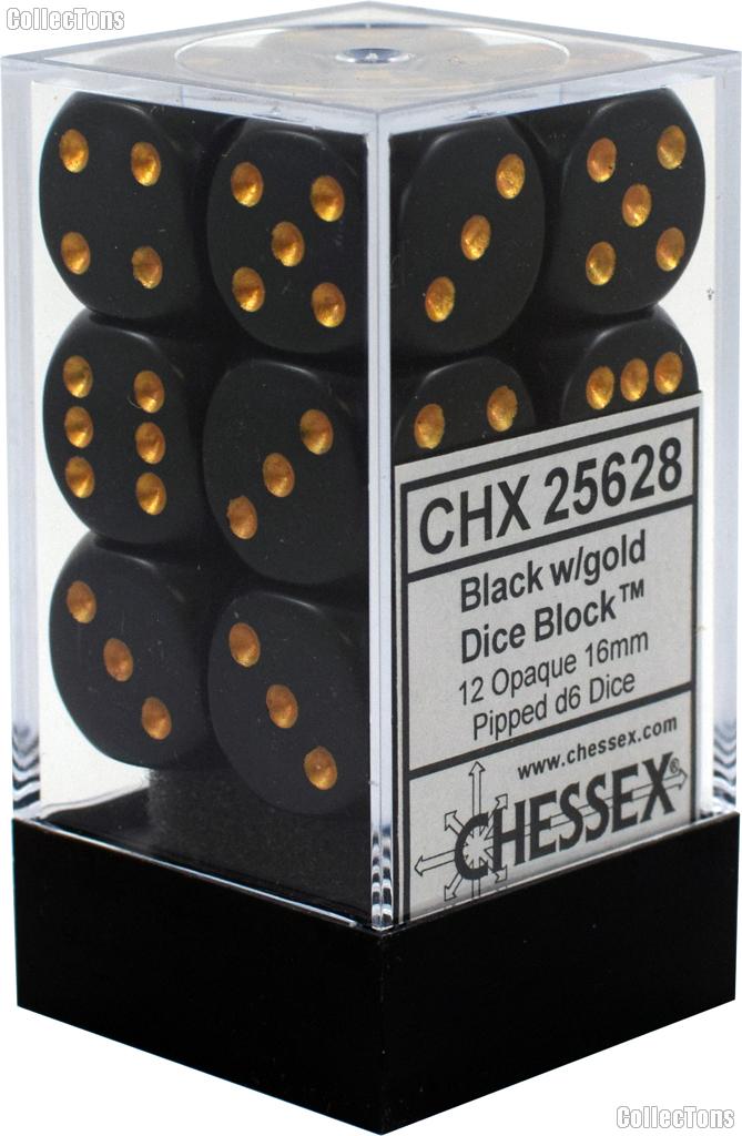 12 x Black/Gold 16mm Six Sided (D6) Opaque Dice by Chessex CHX25628