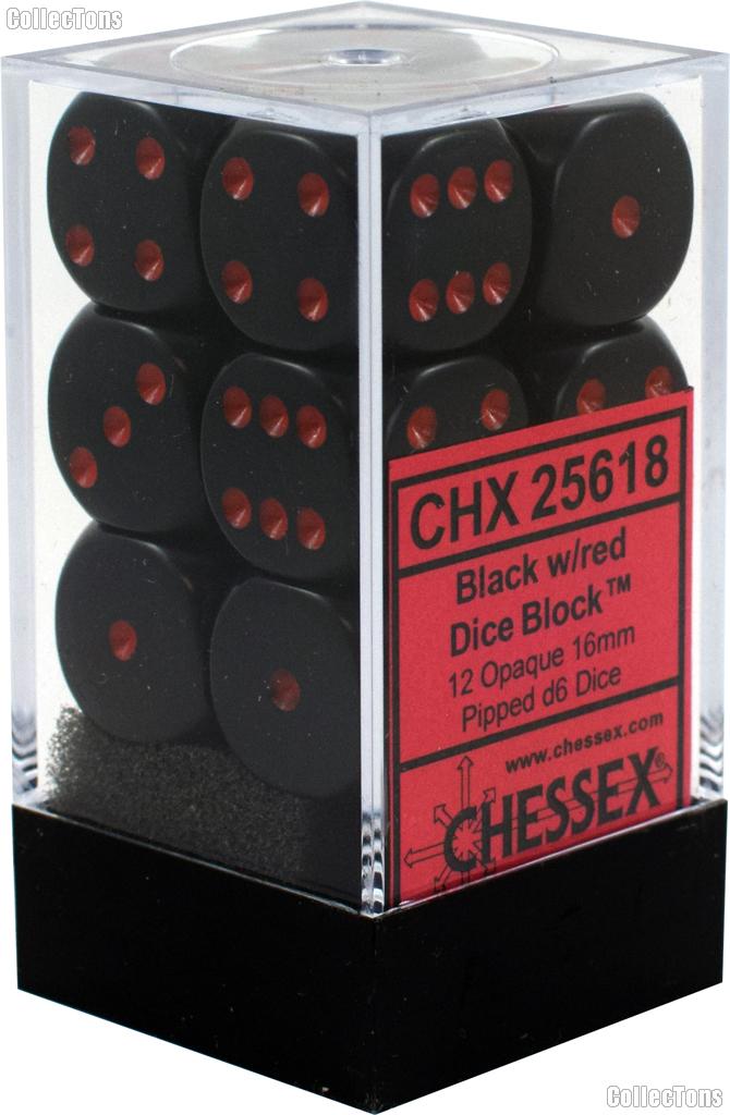 12 x Black/Red 16mm Six Sided (D6) Opaque Dice by Chessex CHX25618