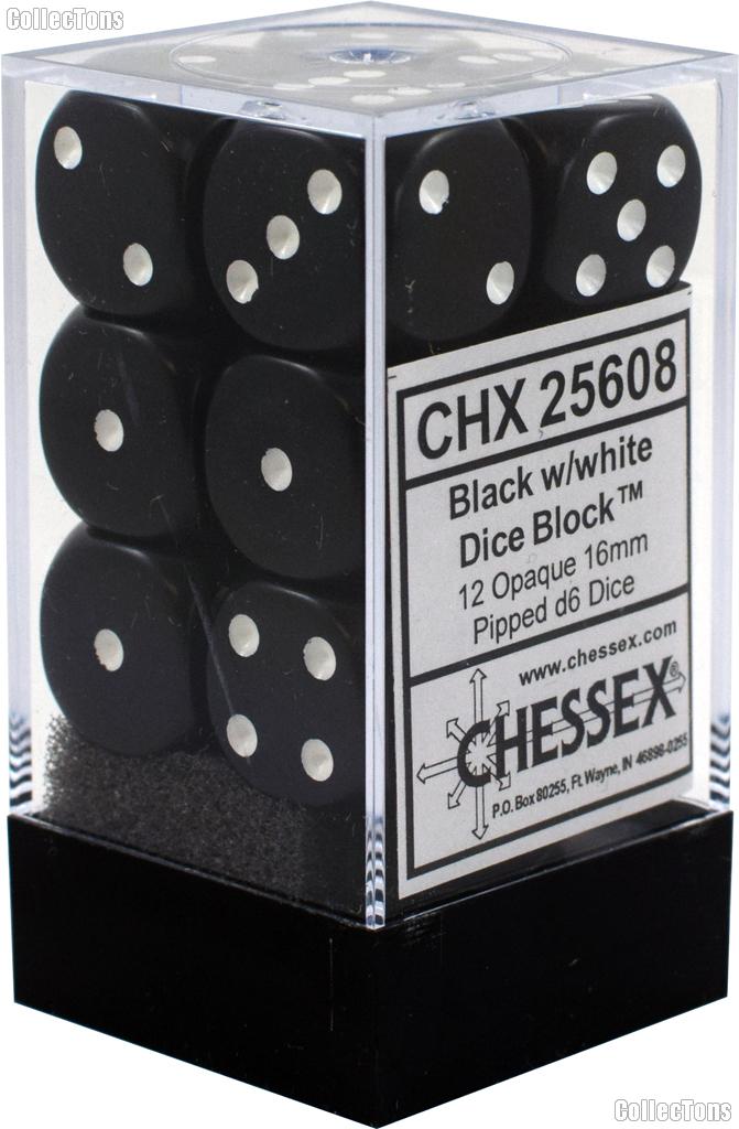 12 x Black/White 16mm Six Sided (D6) Opaque Dice by Chessex CHX25608