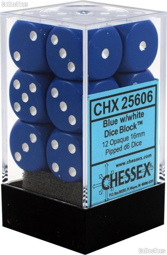 12 x Blue/White 16mm Six Sided (D6) Opaque Dice by Chessex CHX25606