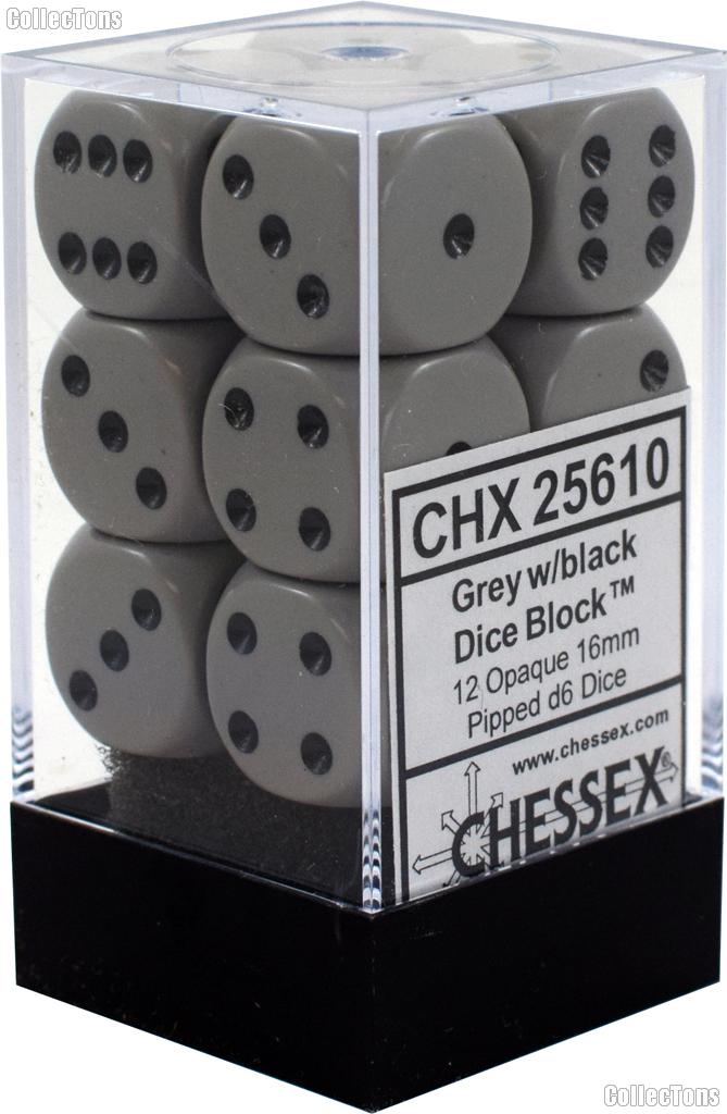 12 x Dark Grey/Black 16mm Six Sided (D6) Opaque Dice by Chessex CHX25610