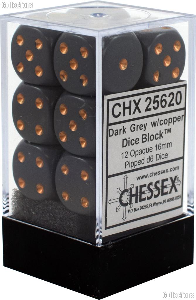 12 x Dark Grey/Copper 16mm Six Sided (D6) Opaque Dice by Chessex CHX25620