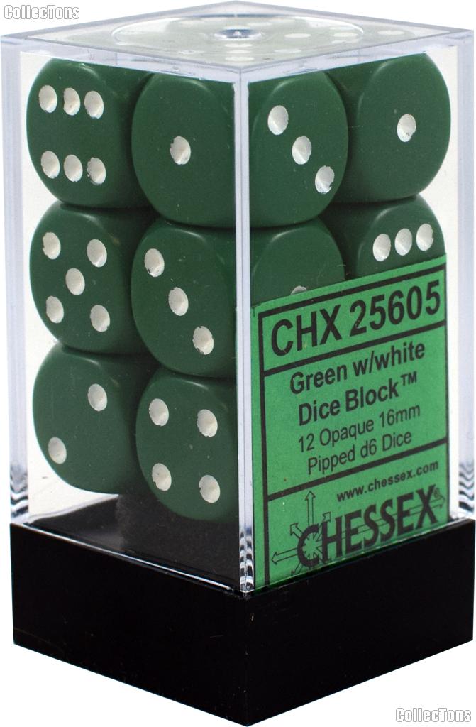 12 x Green/White 16mm Six Sided (D6) Opaque Dice by Chessex CHX25605