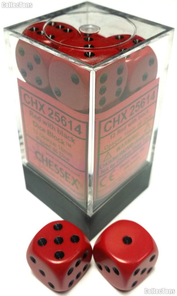12 x Red/Black 16mm Six Sided (D6) Opaque Dice by Chessex CHX25614