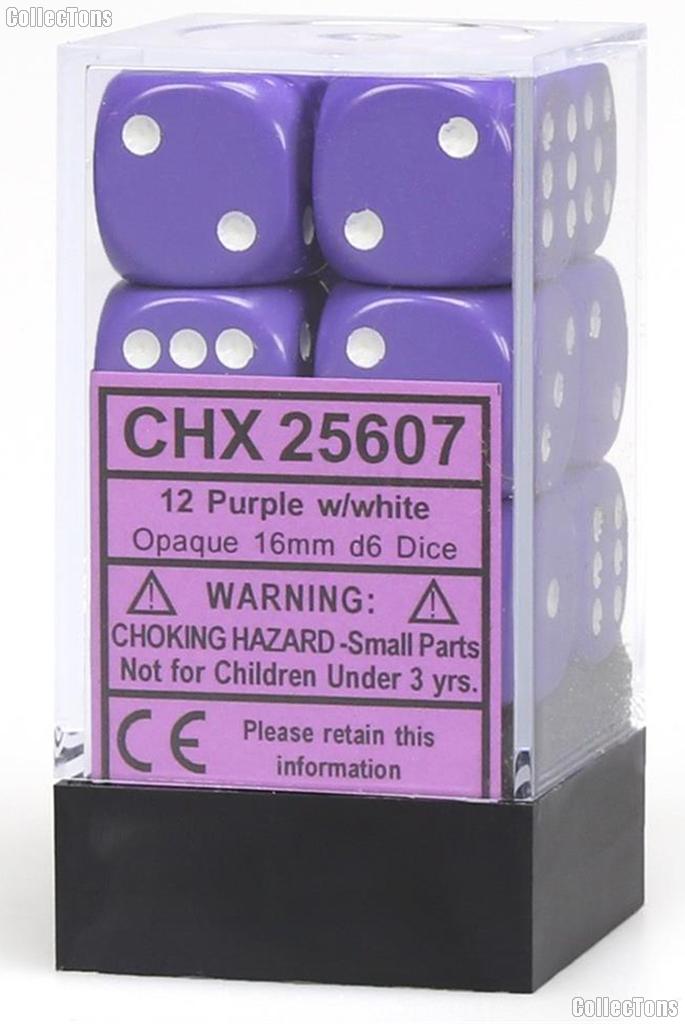12 x Purple/White 16mm Six Sided (D6) Opaque Dice by Chessex CHX25607