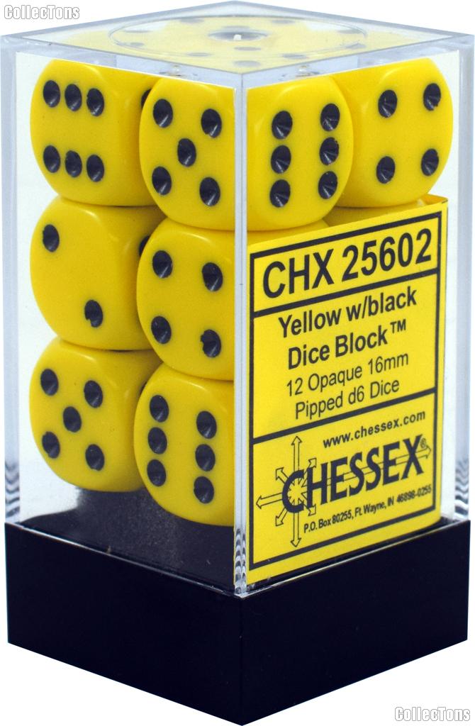 12 x Yellow/Black 16mm Six Sided (D6) Opaque Dice by Chessex CHX25602