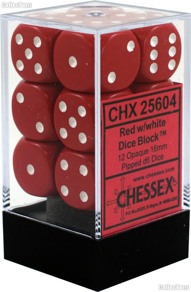 12 x Red/White 16mm Six Sided (D6) Opaque Dice by Chessex CHX25604
