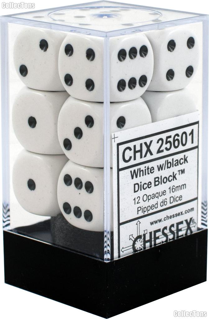 12 x White/Black 16mm Six Sided (D6) Opaque Dice by Chessex CHX25601
