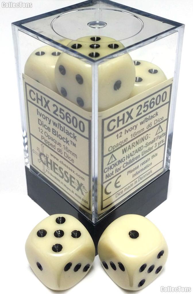12 x Ivory/Black 16mm Six Sided (D6) Opaque Dice by Chessex CHX25600