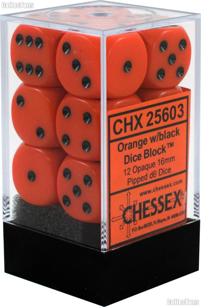 12 x Orange/Black 16mm Six Sided (D6) Opaque Dice by Chessex CHX25603