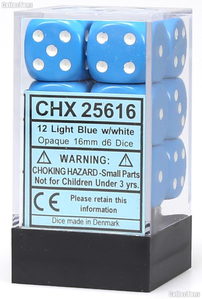 12 x Light Blue/White 16mm Six Sided (D6) Opaque Dice by Chessex CHX25616