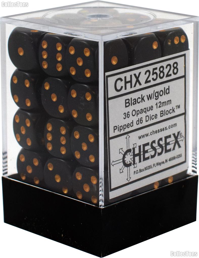 36 x Black/Gold 12mm Six Sided (D6) Opaque Dice by Chessex CHX25828