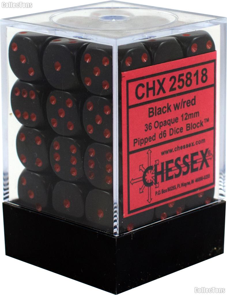 36 x Black/Red 12mm Six Sided (D6) Opaque Dice by Chessex CHX25818