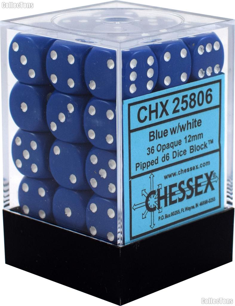 36 x Blue/White 12mm Six Sided (D6) Opaque Dice by Chessex CHX25806
