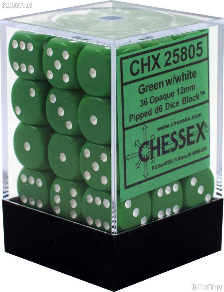 36 x Green/White 12mm Six Sided (D6) Opaque Dice by Chessex CHX25805