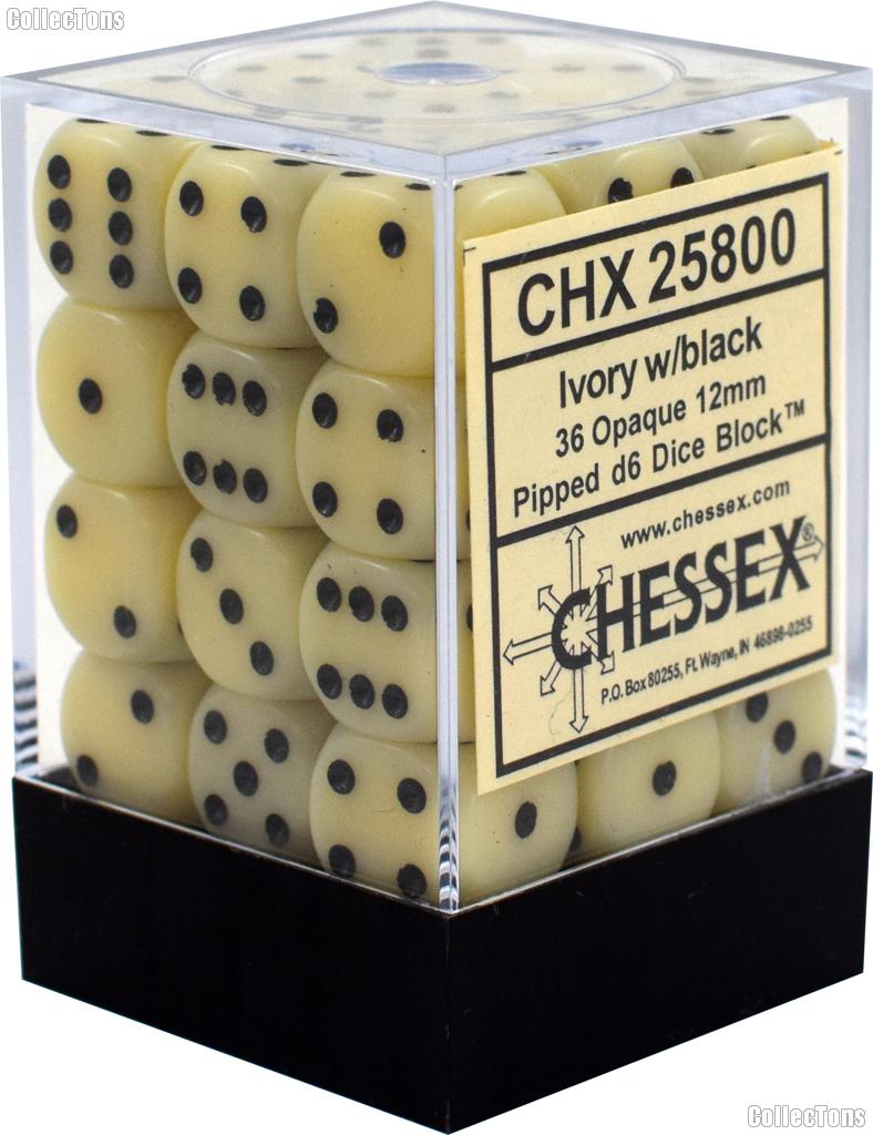 36 x Ivory/Black 12mm Six Sided (D6) Opaque Dice by Chessex CHX25800