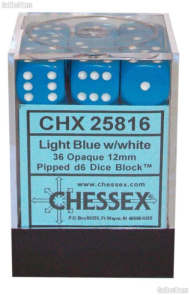 36 x Light Blue/White 12mm Six Sided (D6) Opaque Dice by Chessex CHX25816