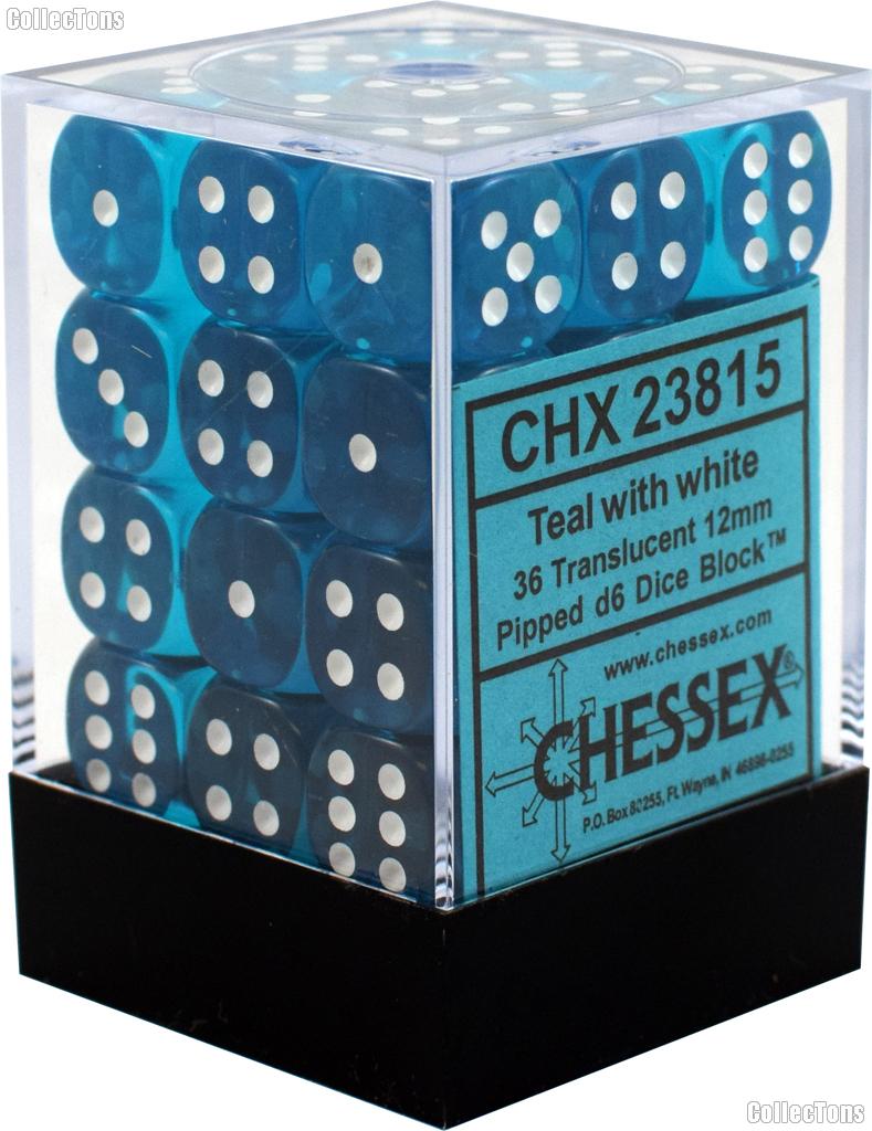 36 x Teal/White 12mm Six Sided (D6) Translucent Dice by Chessex CHX23815