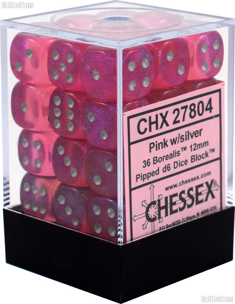 36 x Pink/Silver 12mm Six Sided (D6) Borealis Dice by Chessex CHX27804