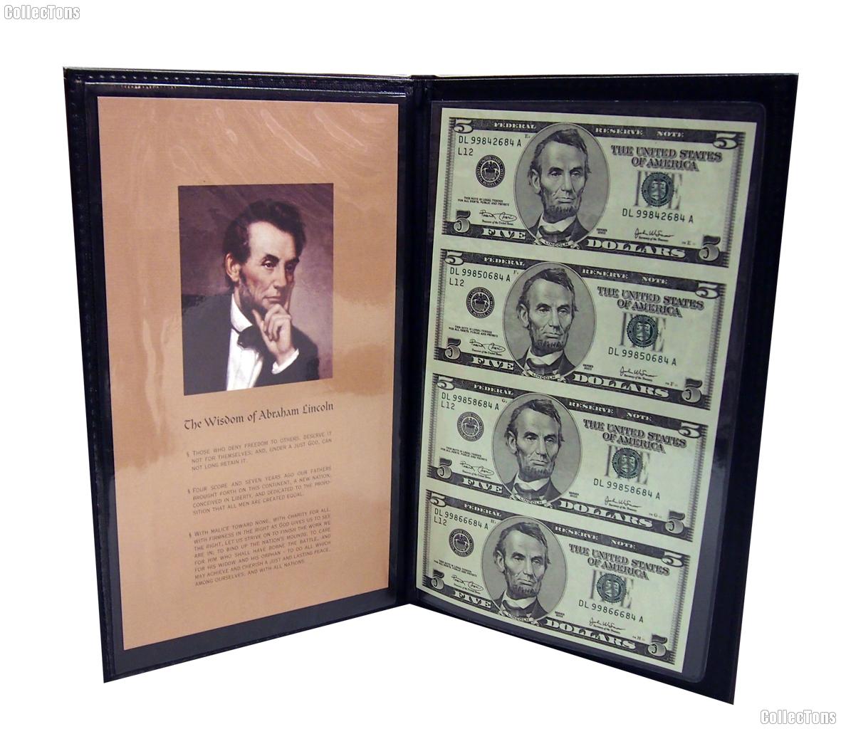 2003 Abraham Lincoln $5 Bill Uncut Currency Set (4 bills) in Portfolio from World Reserve Monetary Exchange