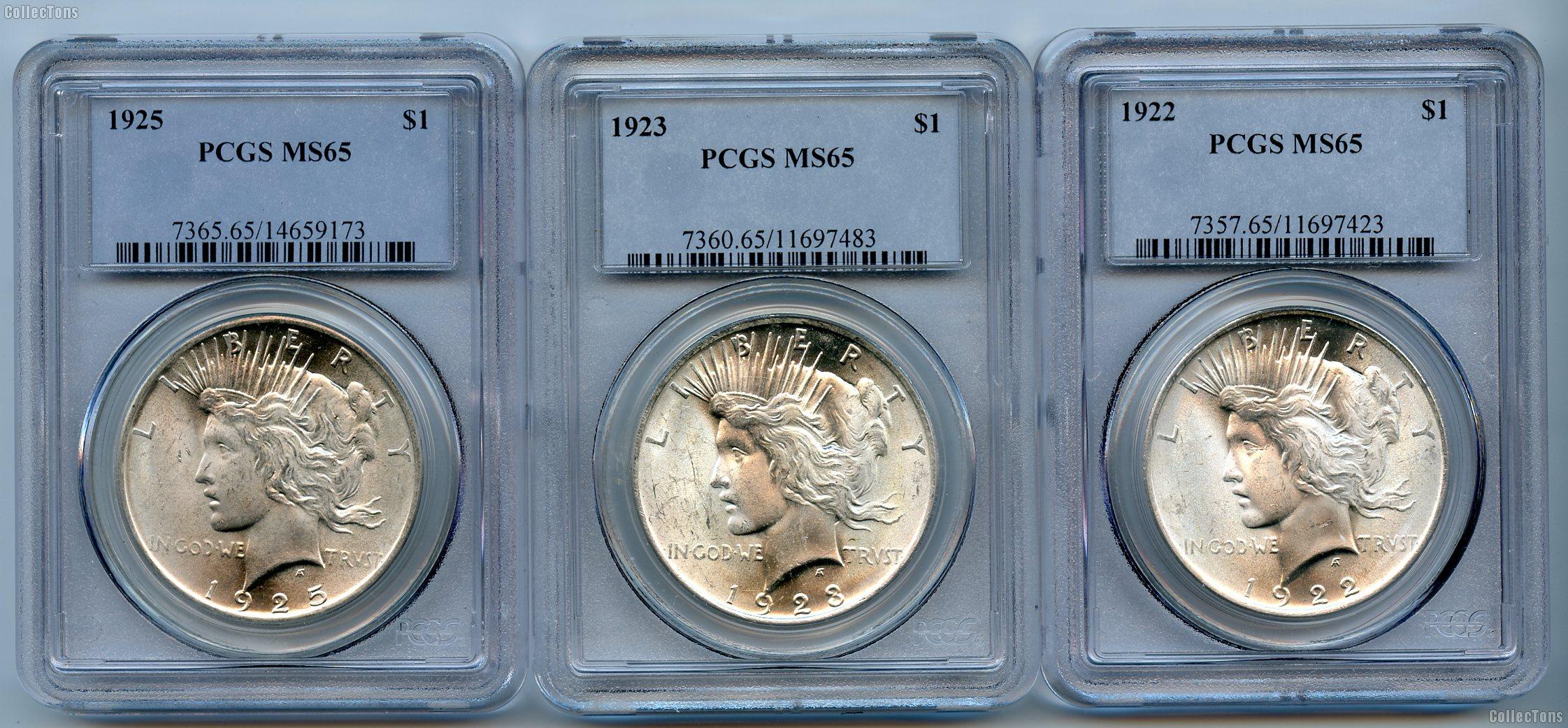Peace Silver Dollars  1921-1935 in PCGS MS 65 Mixed Dates and Mint Marks