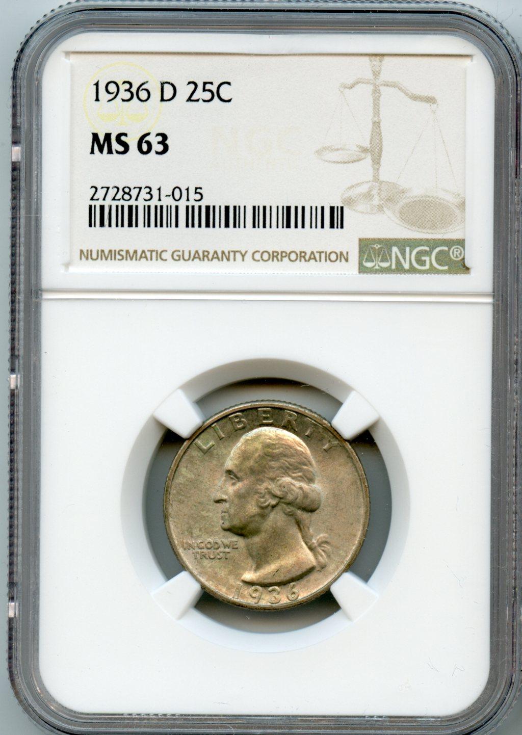 1936-D Washington Silver Quarter in NGC MS 63