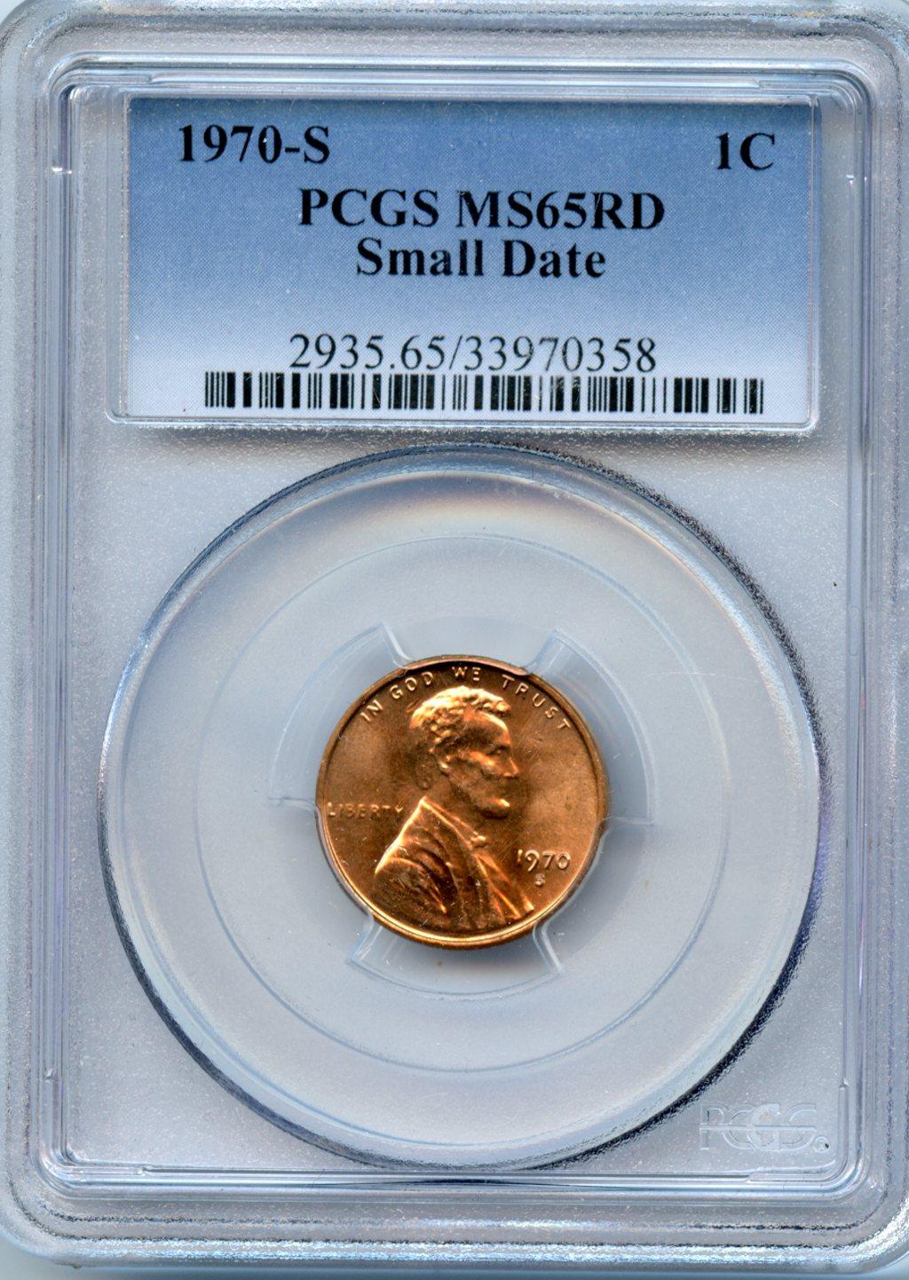 1970-S Lincoln Memorial Cent Small Date in PCGS MS 65 RD