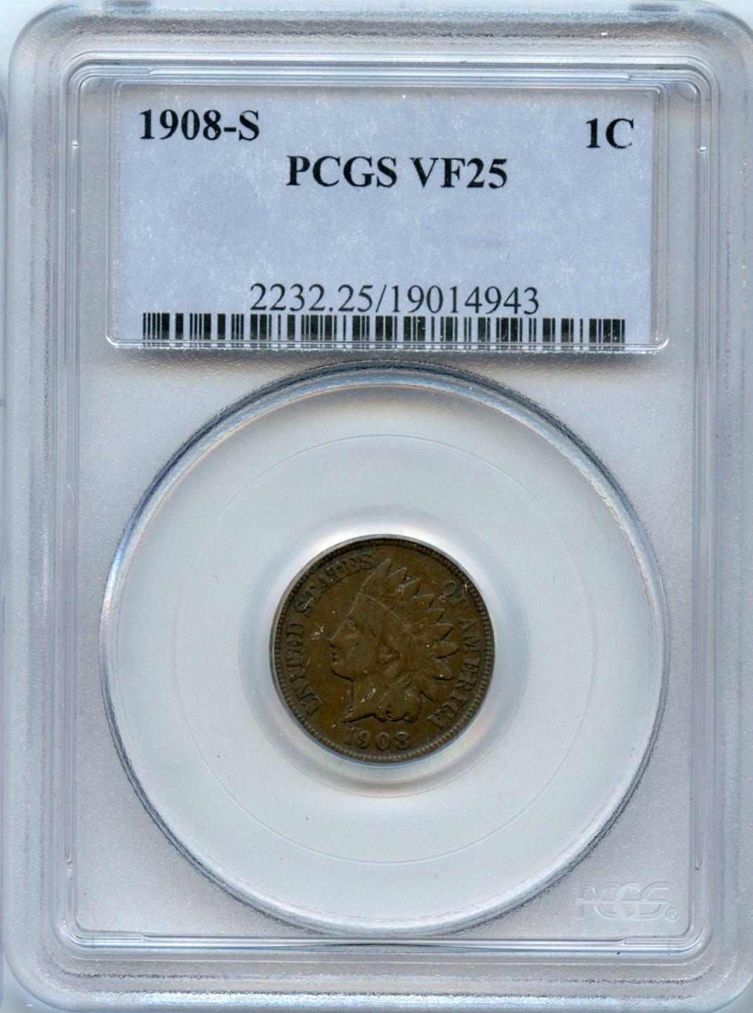 1908-S Indian Head Cent in PCGS VF 25
