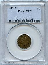 1908-S Indian Head Cent in PCGS VF 25