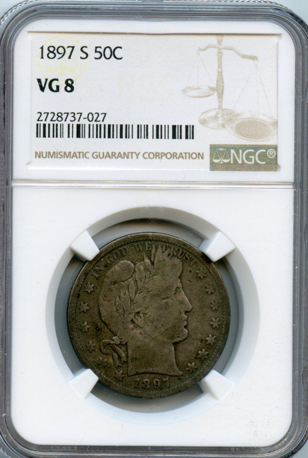 1897-S Barber Liberty Head Silver Half Dollar KEY DATE in NGC VG 8