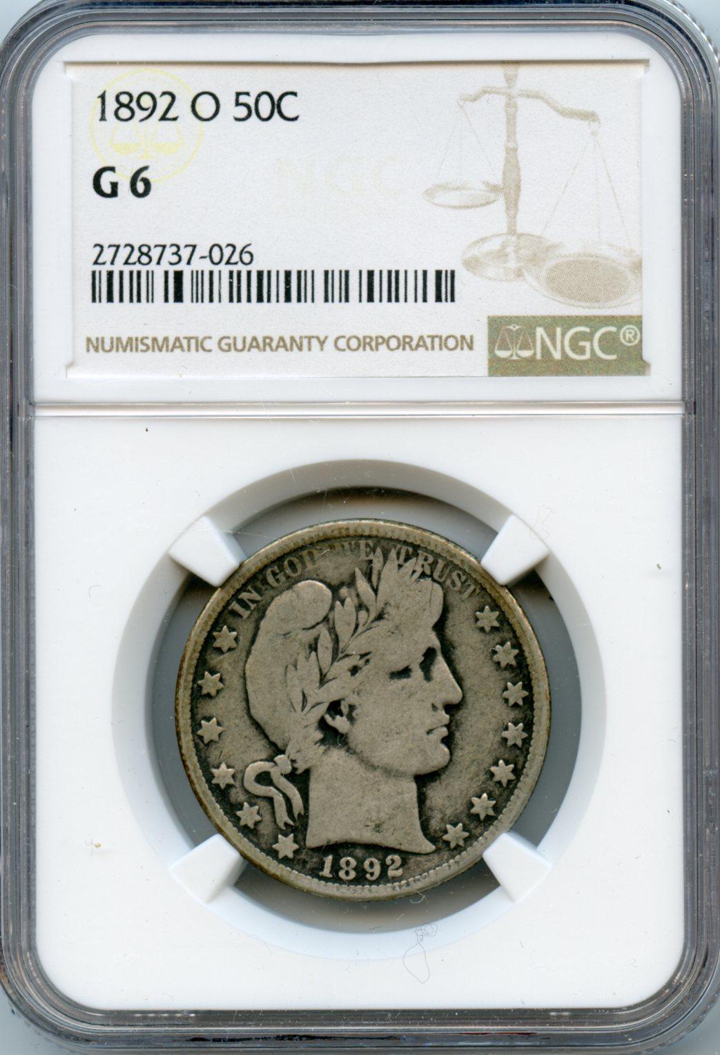 1892-O Barber Liberty Head Silver Half Dollar KEY DATE in NGC G 6
