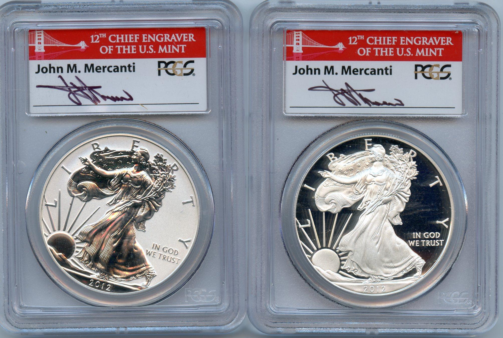 2012-S American Silver Eagle San Francisco 75th Anniversary Set (2 Coins) Proof and Reverse Proof FIRST STRIKE in PCGS PR 69 Deep Cameo (DCAM) & PR 69 Signed by John Mercanti