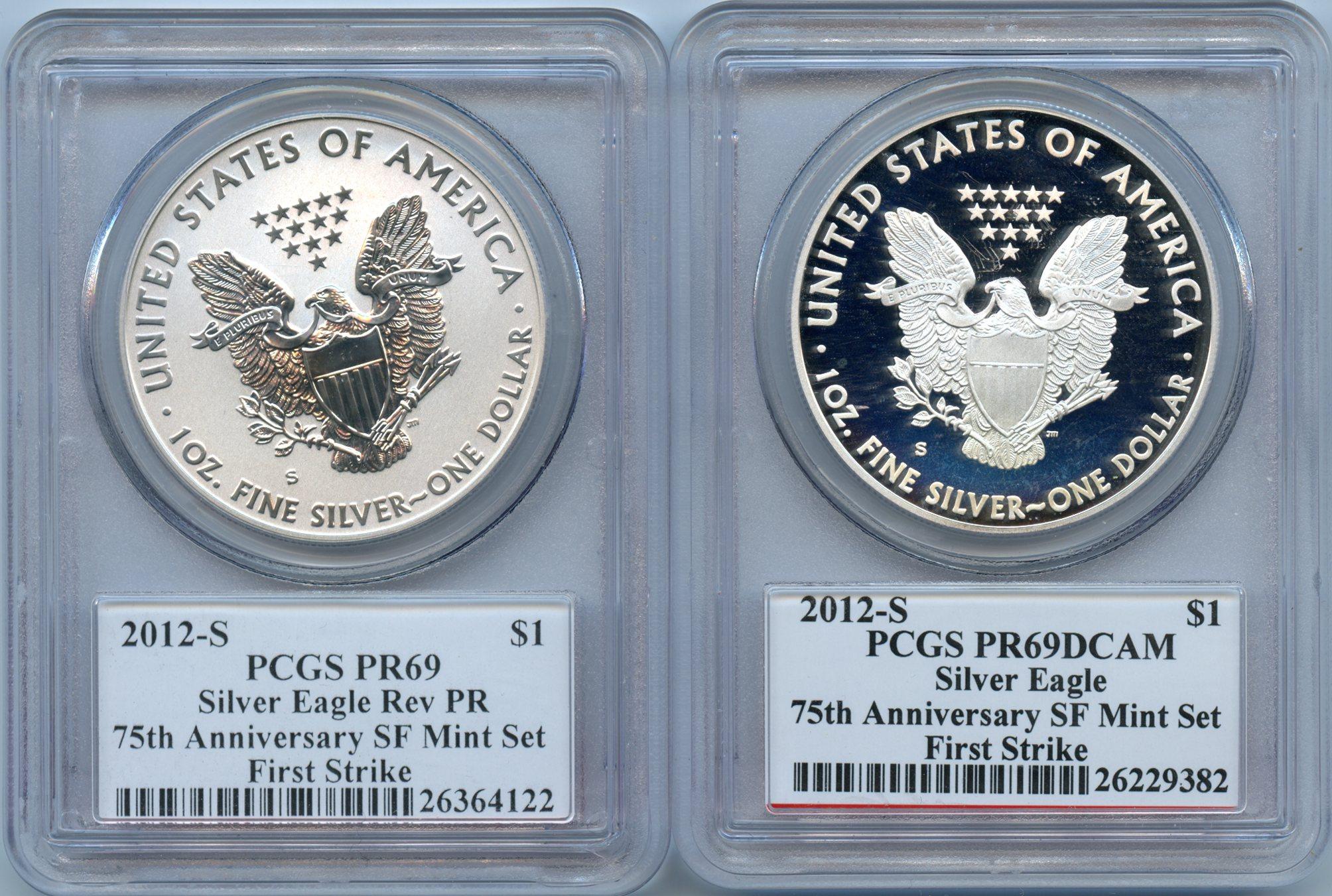 2012-S American Silver Eagle San Francisco 75th Anniversary Set (2 Coins) Proof and Reverse Proof FIRST STRIKE in PCGS PR 69 Deep Cameo (DCAM) & PR 69 Signed by John Mercanti