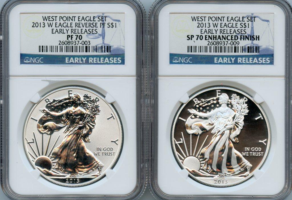 2013-W American Silver Eagle West Point Set (2 Coins) Reverse Proof and Enhanced Blue Label EARLY RELEASES NGC PF 70 & SP 70