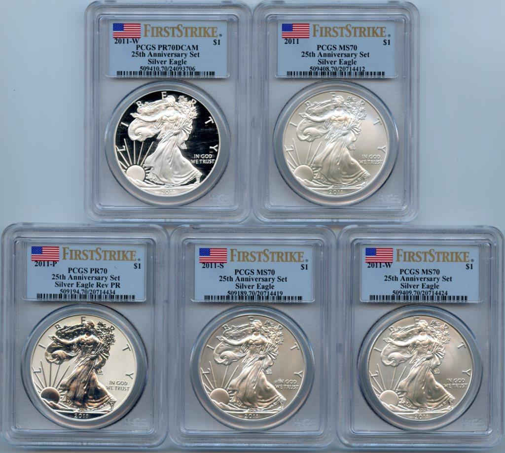 2011 25th Anniversary American Silver Eagle Set (5 Coins) in PCGS First Strike MS 70 & PF 70