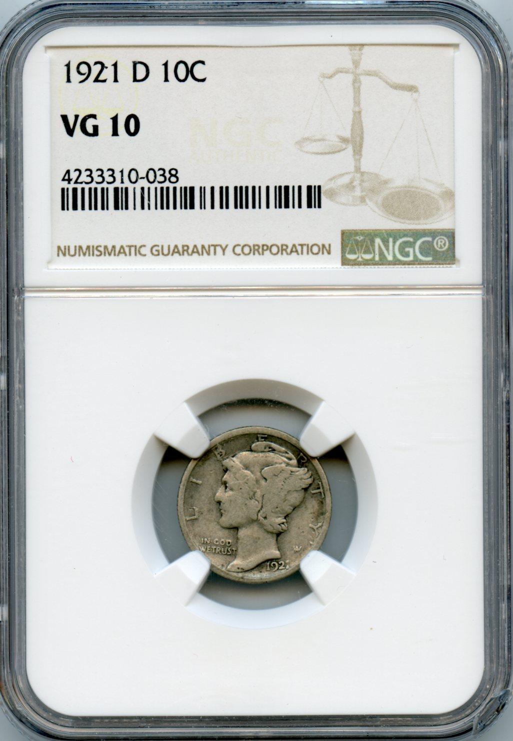 1921-D Key Date Mercury Silver Dime in NGC VG 10