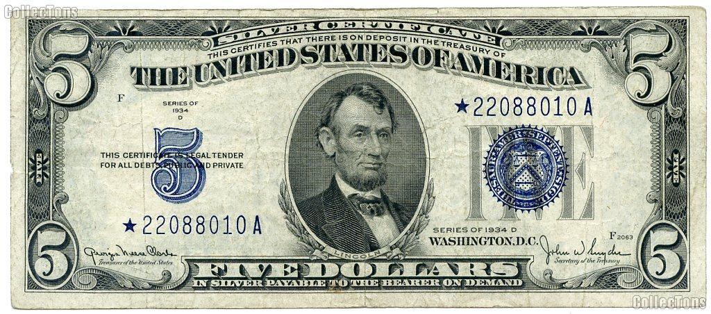 Five Dollar Bill Silver Certificate STAR NOTE Series 1934 US Currency Good or Better