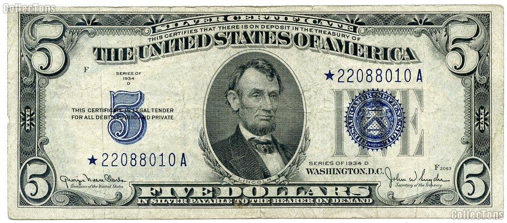 Five Dollar Bill Silver Certificate STAR NOTE Series 1934 US Currency ...
